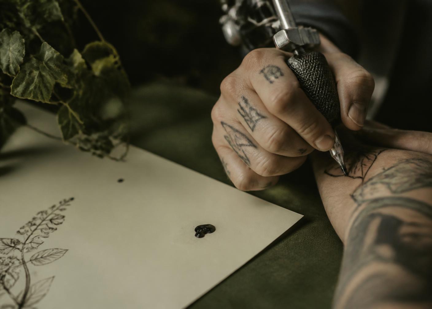 Mãos do artista durante a criação de uma obra
